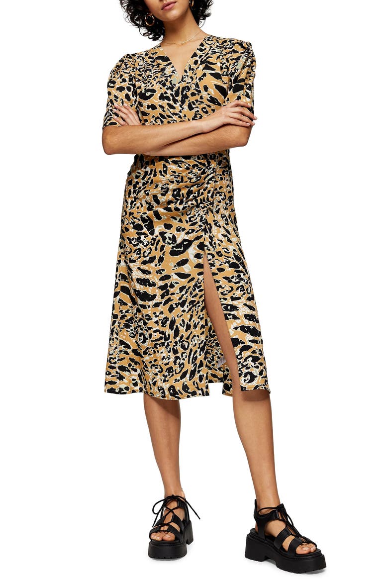 Leopard Print Mock Wrap Midi Dress, Main, color, BROWN MULTI