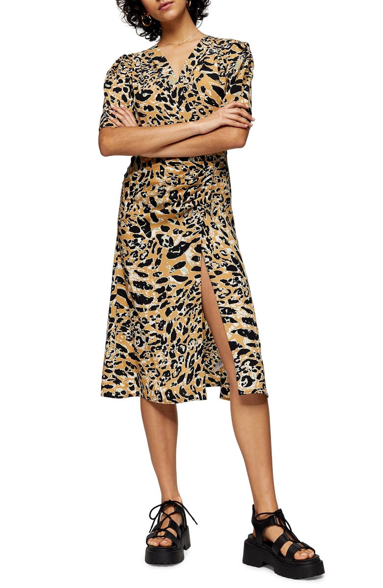 Topshop Leopard Print Mock Wrap Midi Dress, Main, color, 
