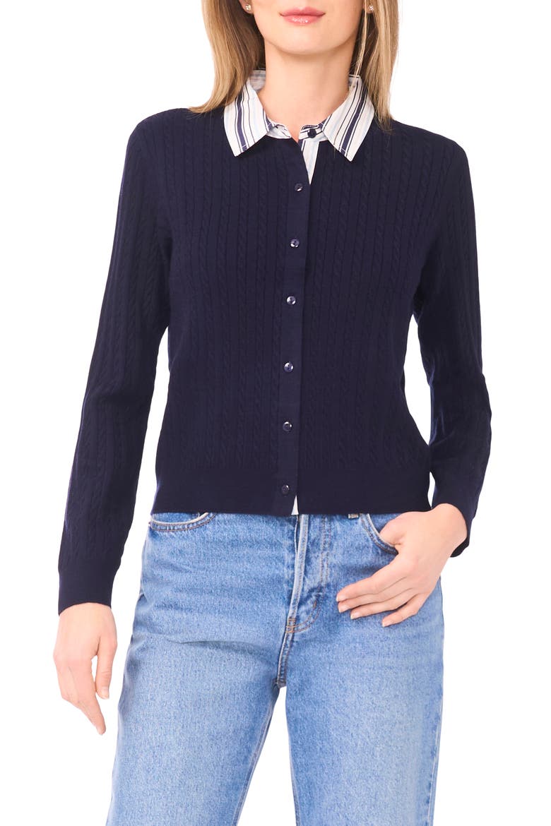 Stripe Collar Twofer Cardigan, Main, color, CLASSIC NAVY/ WHITE/ GREY
