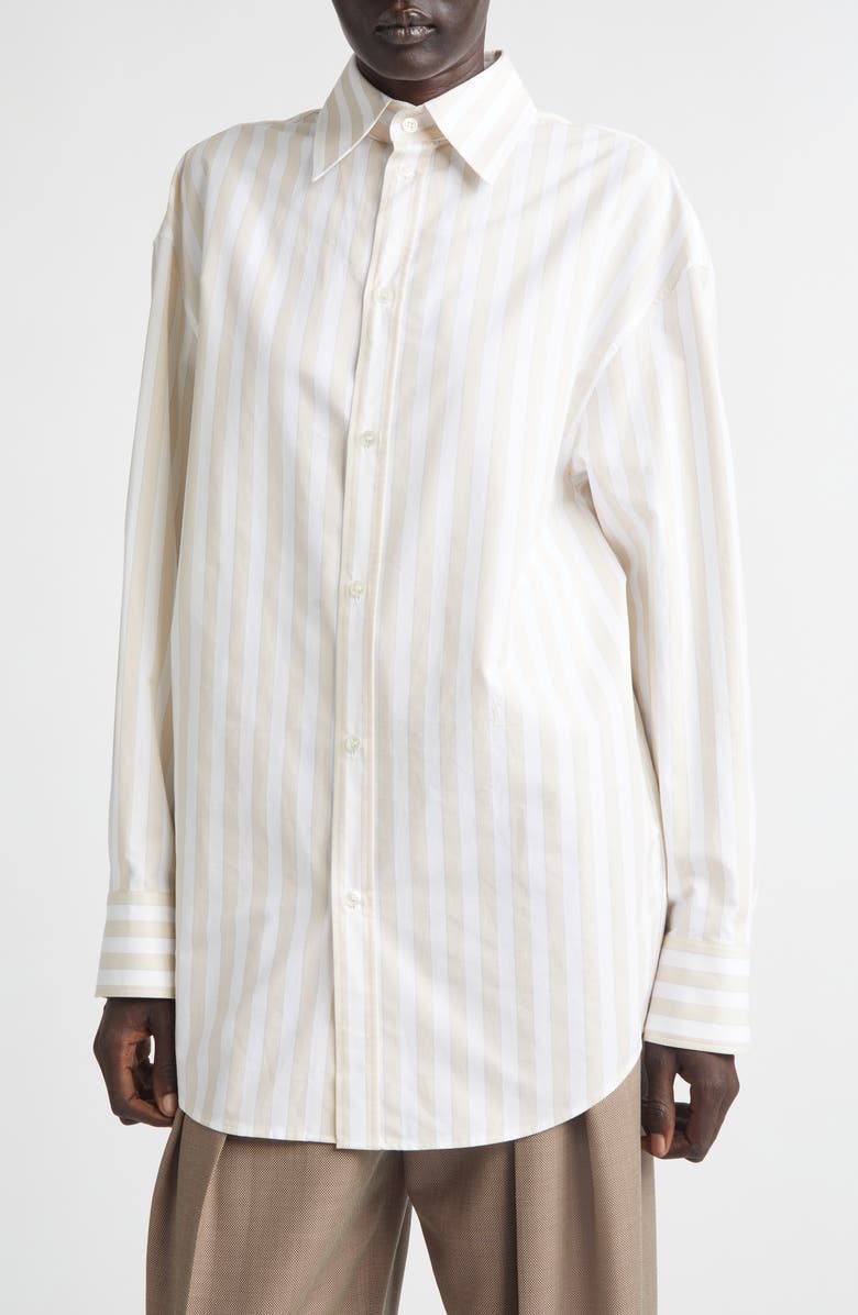 Saint Laurent Stripe Cotton Button-Up Shirt, Alternate, color, Craie Beige