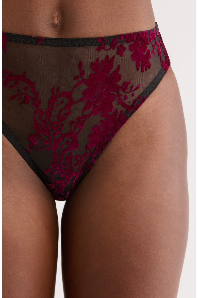 Floral Flocked High Waist Briefs, Alternate, color, BLACK-BOYSENBERRY