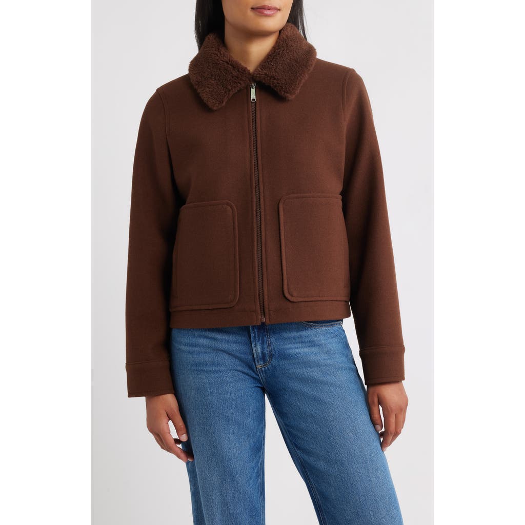 Sam Edelman Faux Fur Collar Zip-up Jacket In Brown