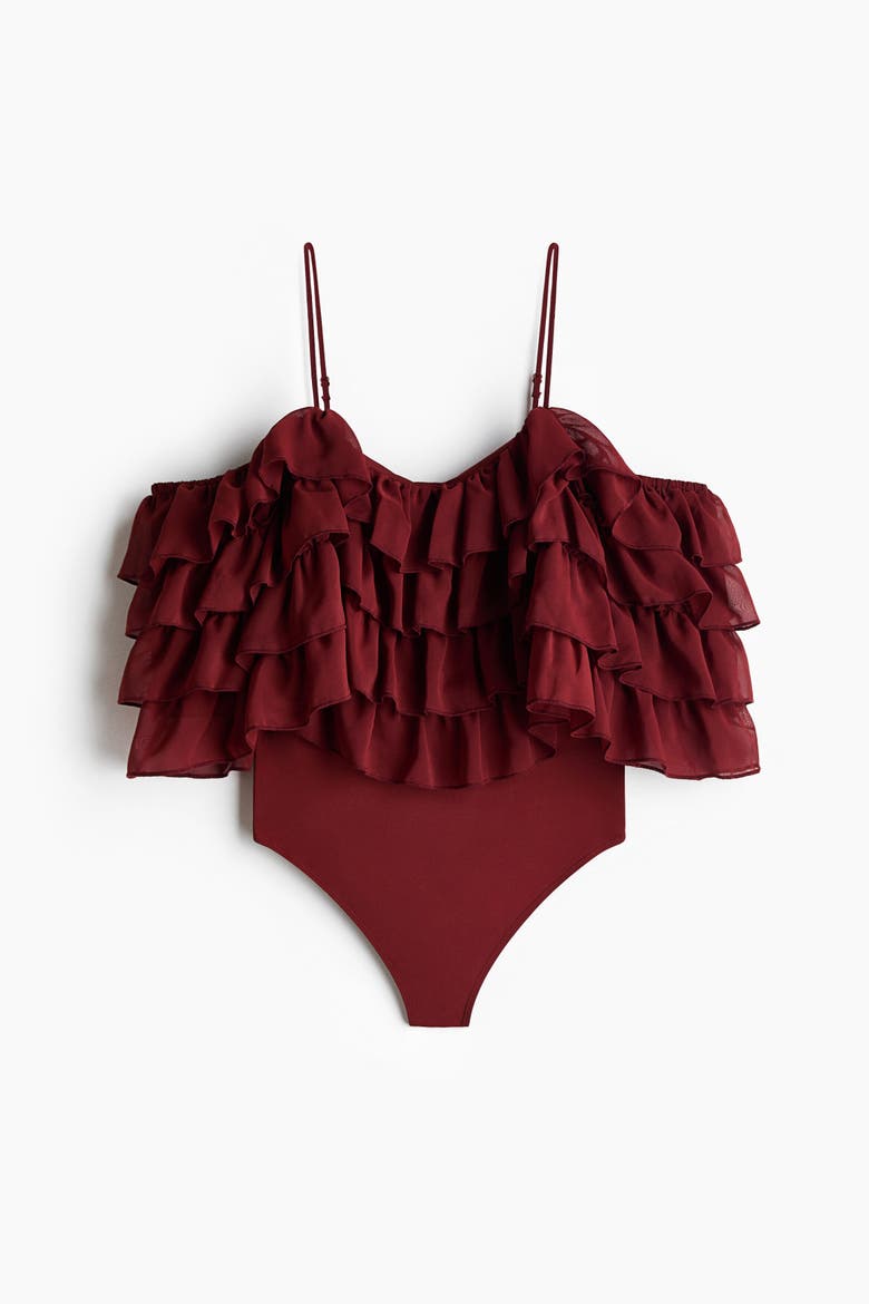 Ruffled Open-Shoulder Bodysuit, Alternate, color, Dark red