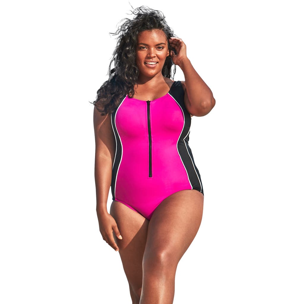 Swim 365 Zip-front One-piece With Tummy Control In Pink