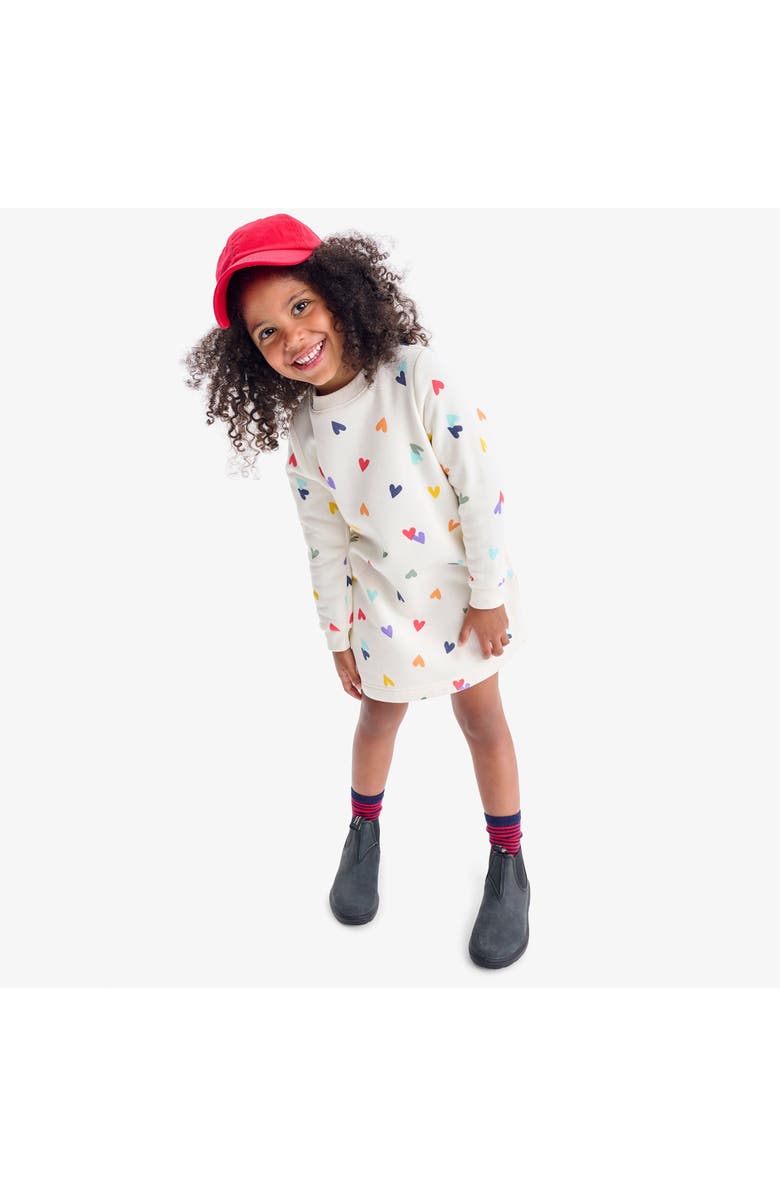 Primary Kids Cozy Fleece Dress In Rainbow Confetti Hearts, Alternate, color, Oat