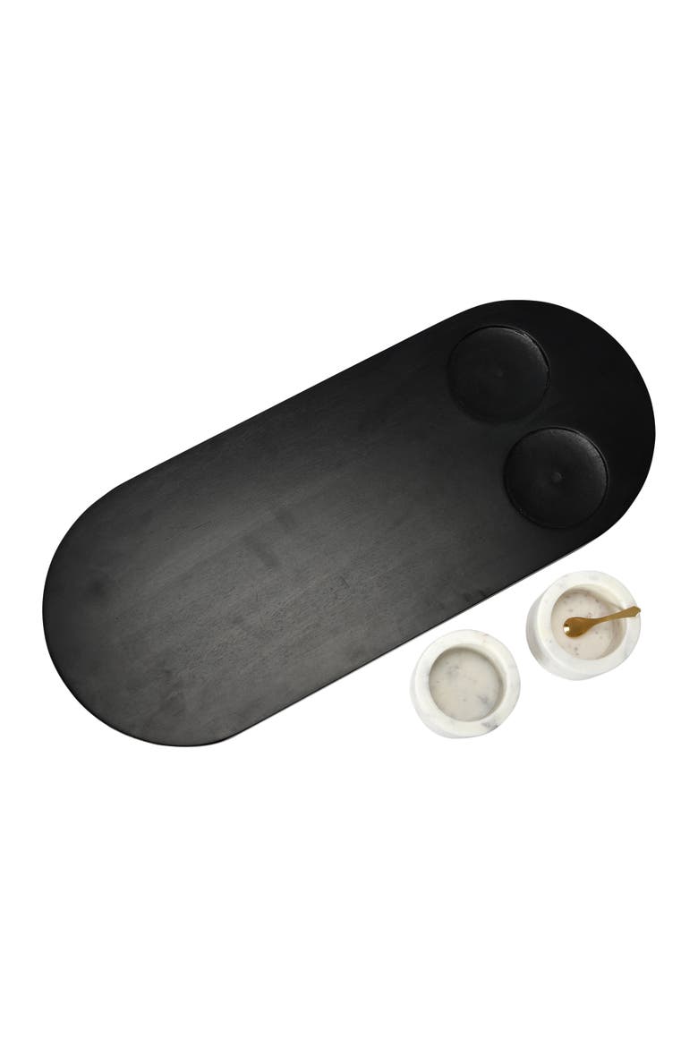 Elegant Mango Wood Tray with 2-Piece Marble Bowls and a Gold Finish Stainless Steel Spoon, Multicolor, Alternate, color, Multicolor