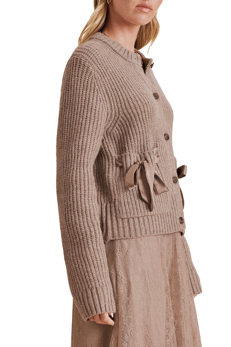 Selena Bow Packet Cardigan, Alternate, color, HEATHER JAVA BROWN