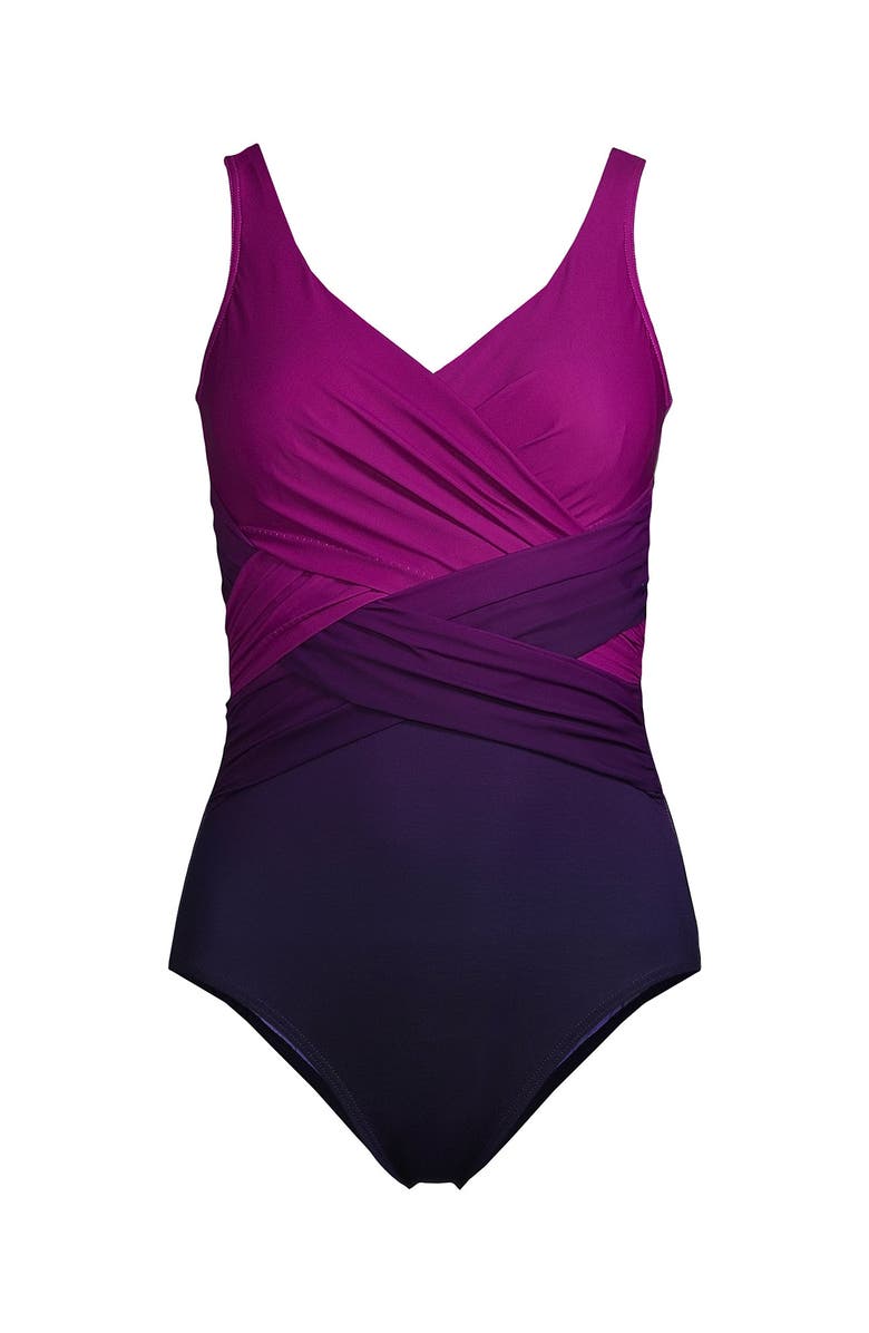 Lands' End D-Cup Slender Tummy Control Chlorine Resistant V-neck Wrap One Piece Swimsuit, Alternate, color,