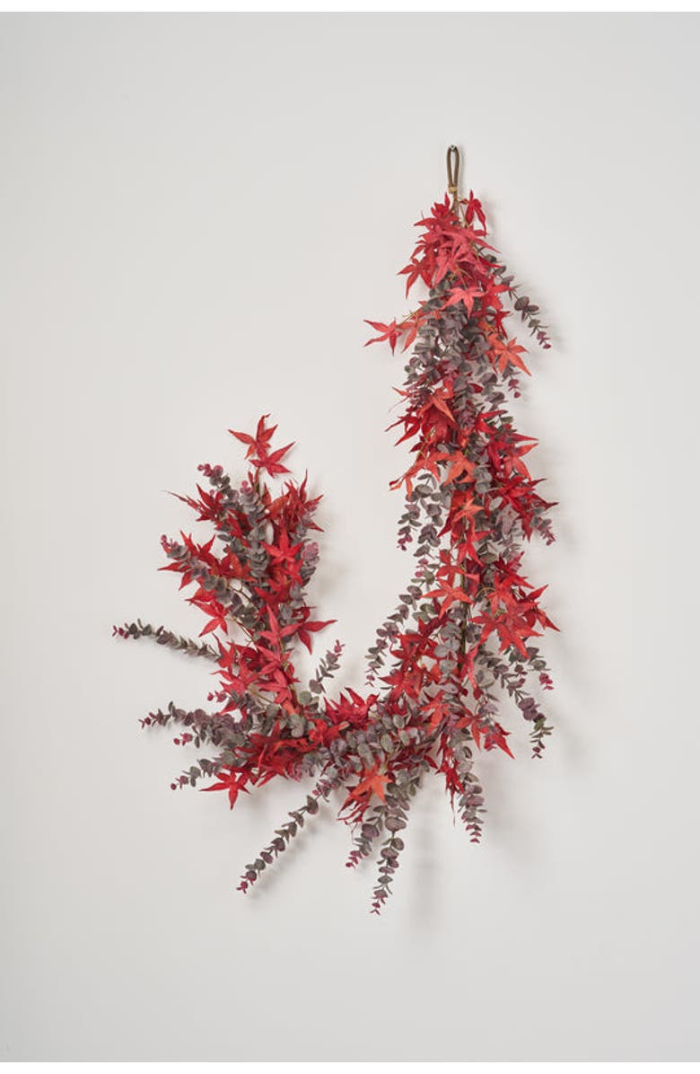 Darby Creek Trading Autumn Evenings - Red Japanese Maple Leaf & Dusty Wine Botanical Eucalyptus Fall Mantle Garland Table Runner, Main, color, Red