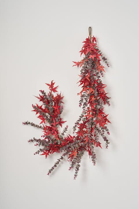 Autumn Evenings - Red Japanese Maple Leaf & Dusty Wine Botanical Eucalyptus Fall Mantle Garland Table Runner