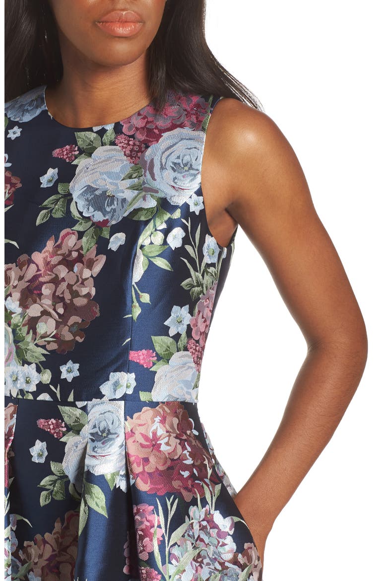 Floral Jacquard Fit & Flare Dress, Alternate, color, NAVY