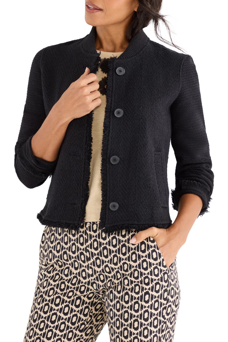 Fringe Mix Knit Bomber Jacket, Main, color, BLACK ONYX