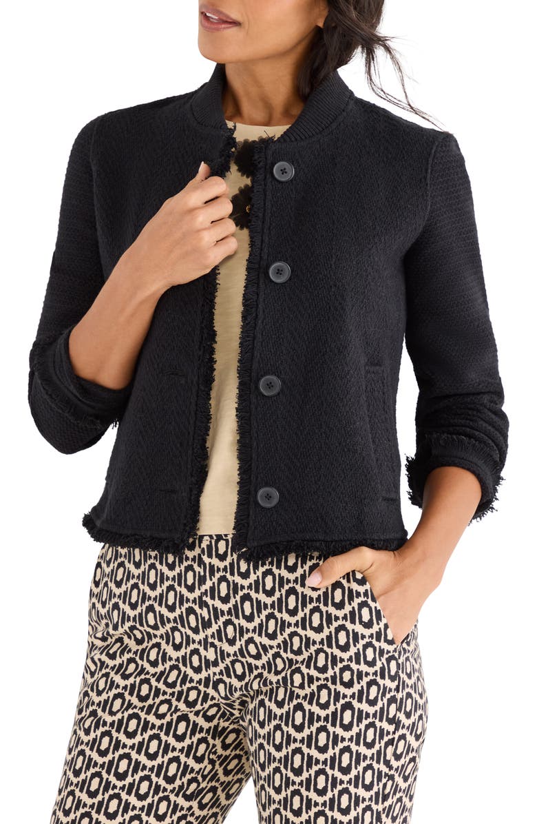 NIC+ZOE Fringe Mix Knit Bomber Jacket, Main, color, Black Onyx