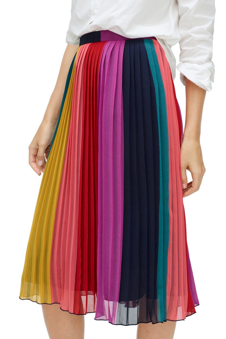 Sunburst Rainbow Colorblock Pleated Midi Skirt, Main, color, RAINBOW BLACK