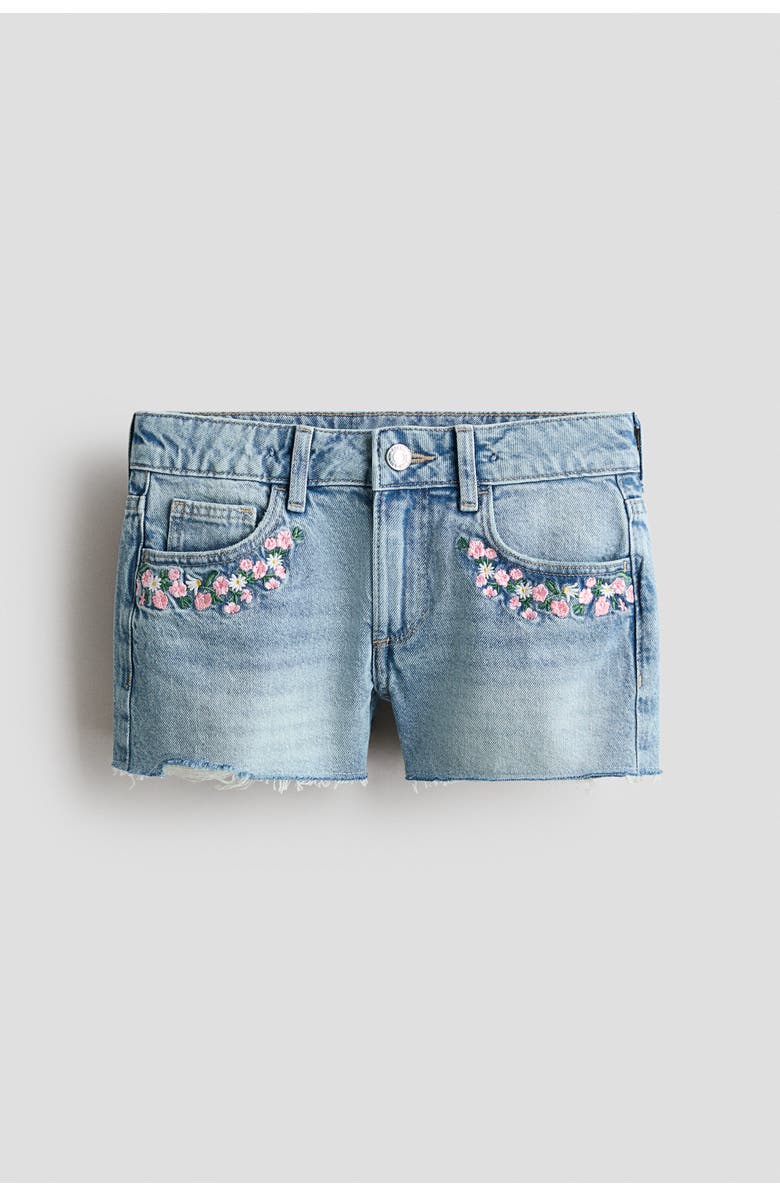 H&M Embroidery-detail Denim Shorts, Alternate, color, Light Denim Blue/Flowers