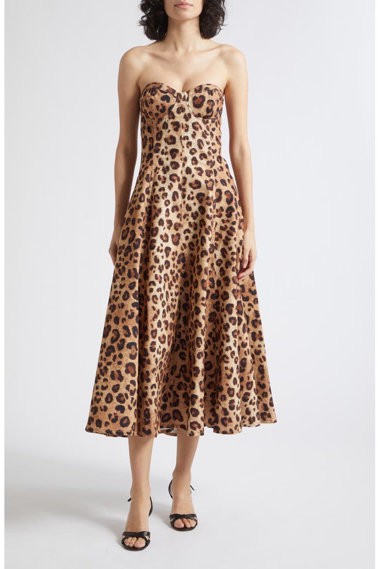 Ramona Leopard Print Strapless Corset Midi Dress, Main, color, NEUTRAL