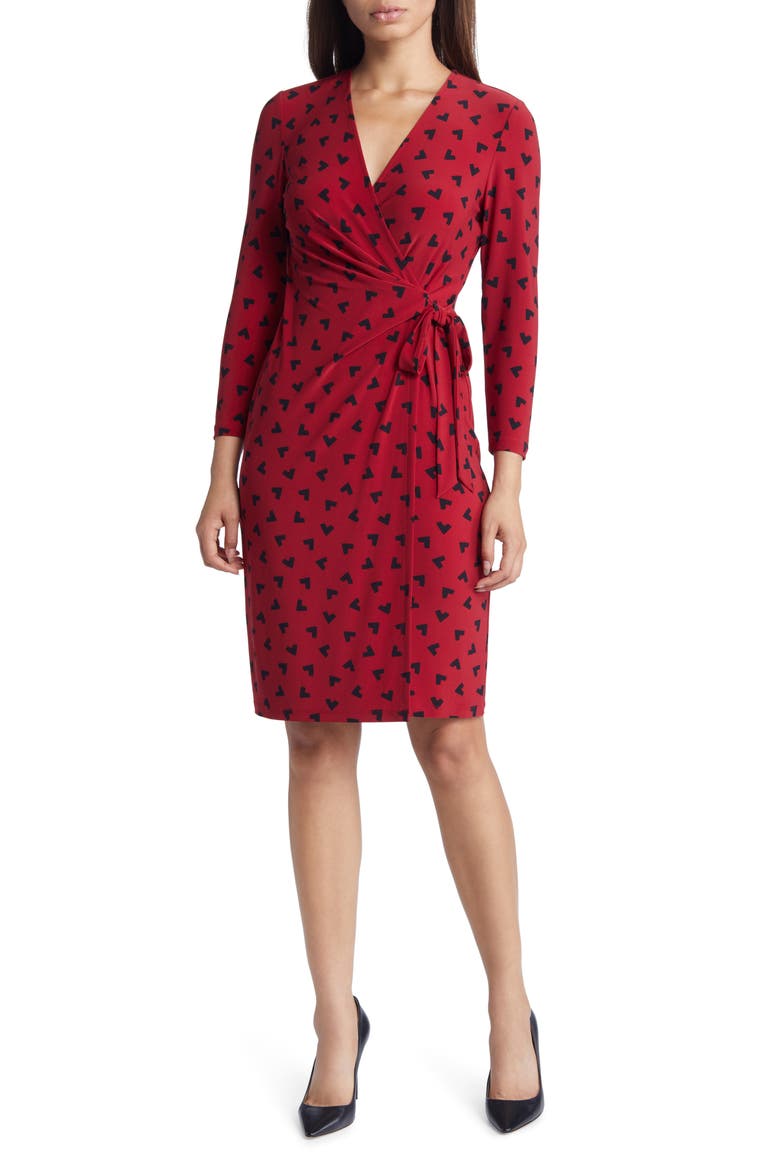 Heart Print Long Sleeve Wrap Dress, Main, color, TITAN RED/ ANNE BLACK