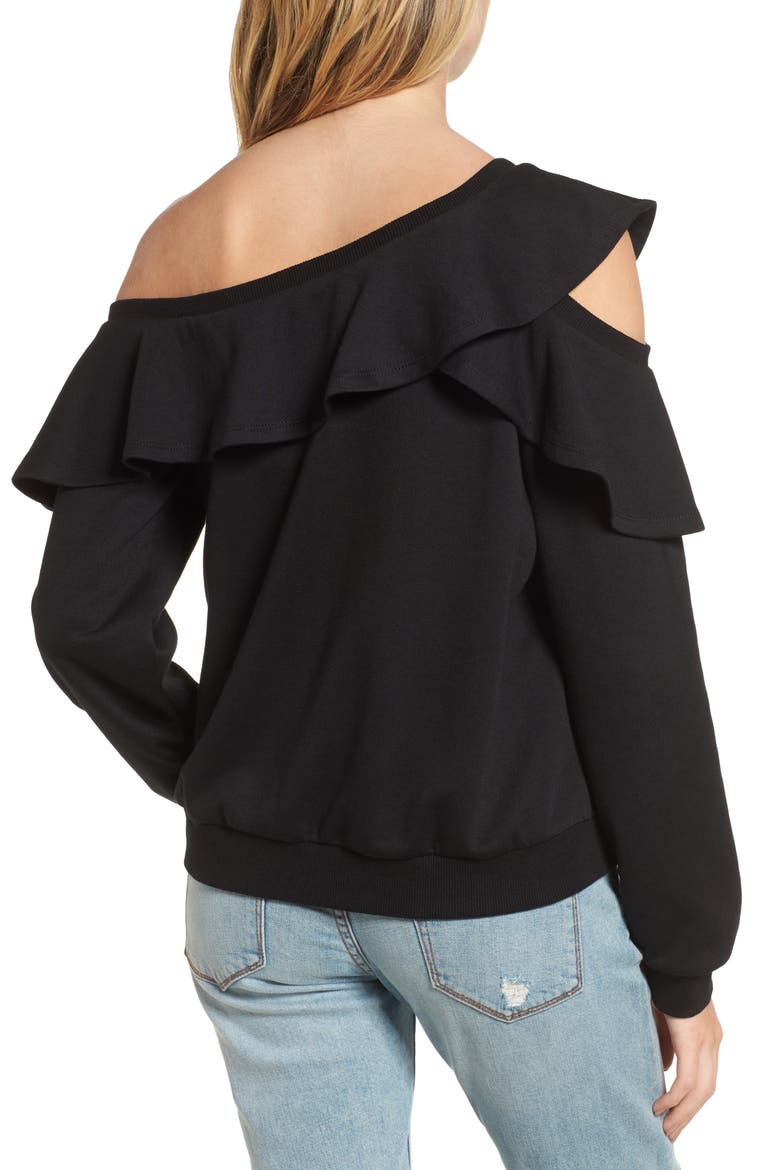 One-Shoulder Ruffle Sweatshirt, Alternate, color, BLACK