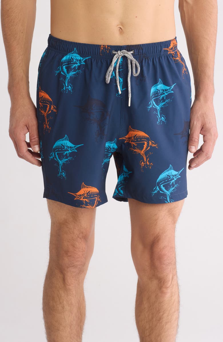 Rainforest Catch Swordfish Print Stretch Swim Trunks, Main, color,
