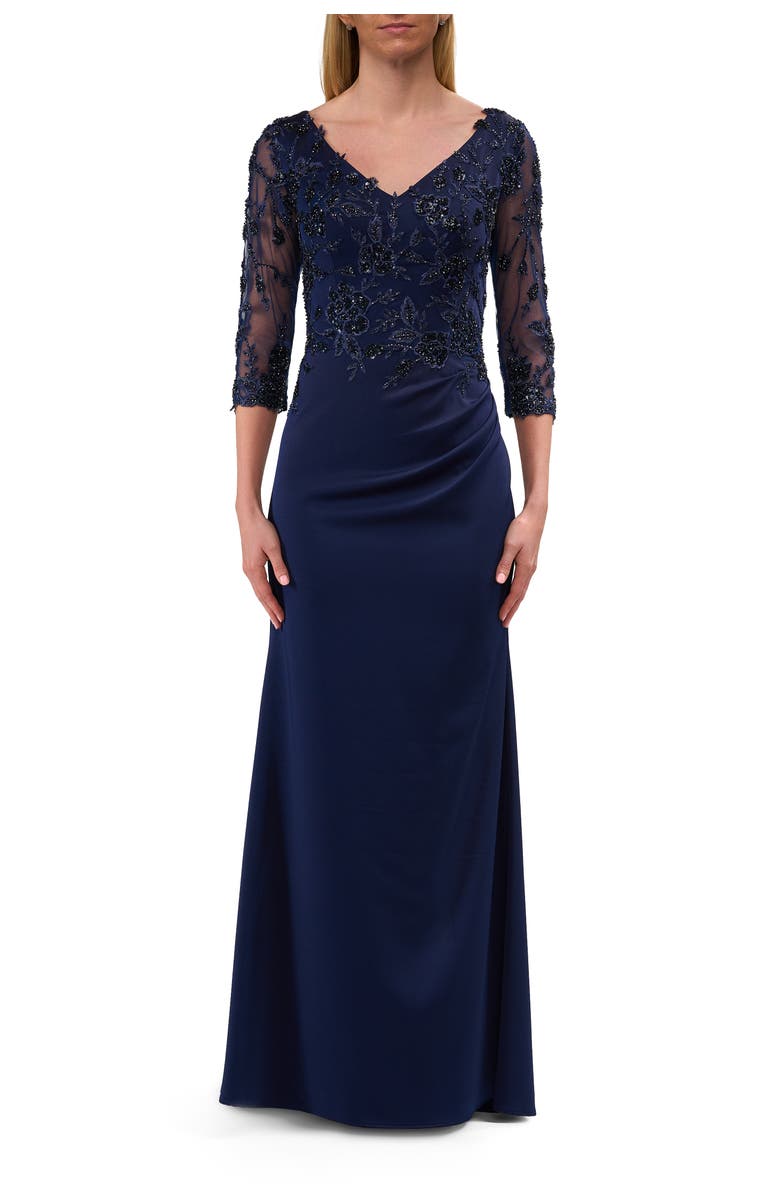 La Femme Long Mother of the Bride Dress with Beaded Lace Bodice, Main, color, Navy