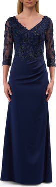 La Femme Long Mother of the Bride Dress with Beaded Lace Bodice