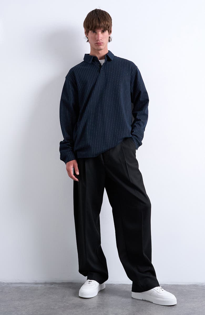 Topman Pinstripe Long Sleeve Polo, Alternate, color, Navy