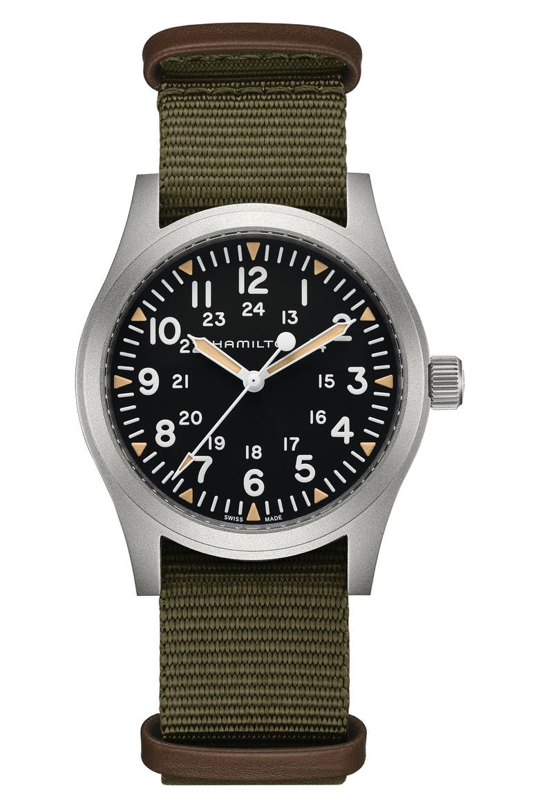 Khaki Field Mechanical NATO Strap Watch, 42mm, Main, color, GREEN/KHAKI