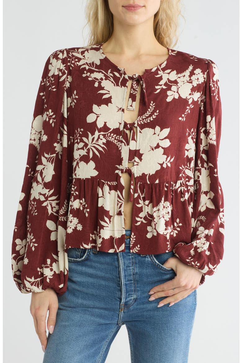 Floral Long Sleeve Tie Front Crop Top, Main, color, BURGUNDY