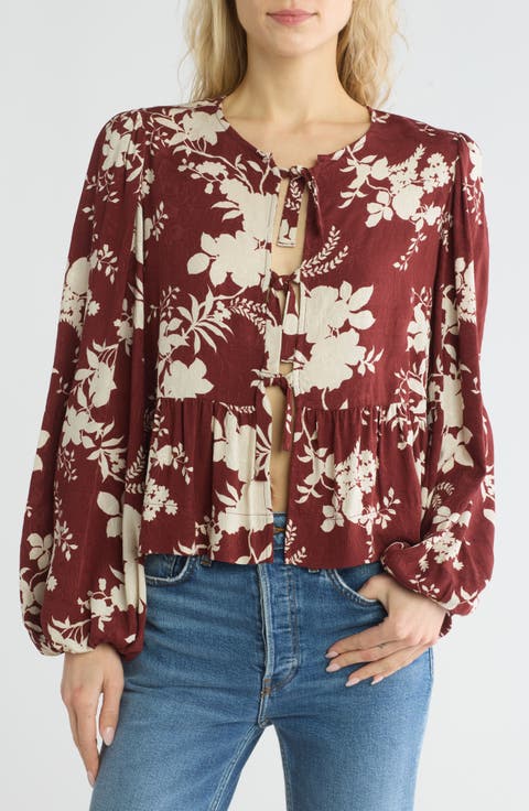Floral Long Sleeve Tie Front Crop Top