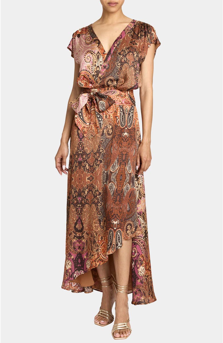 Santorelli Fallon Midi Dress in Printed Charmeuse, Alternate, color, Chestnut Multi