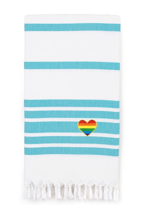 100% Turkish Cotton Herringbone Cheerful Rainbow Heart Pestemal Beach Towel - Turquoise & White