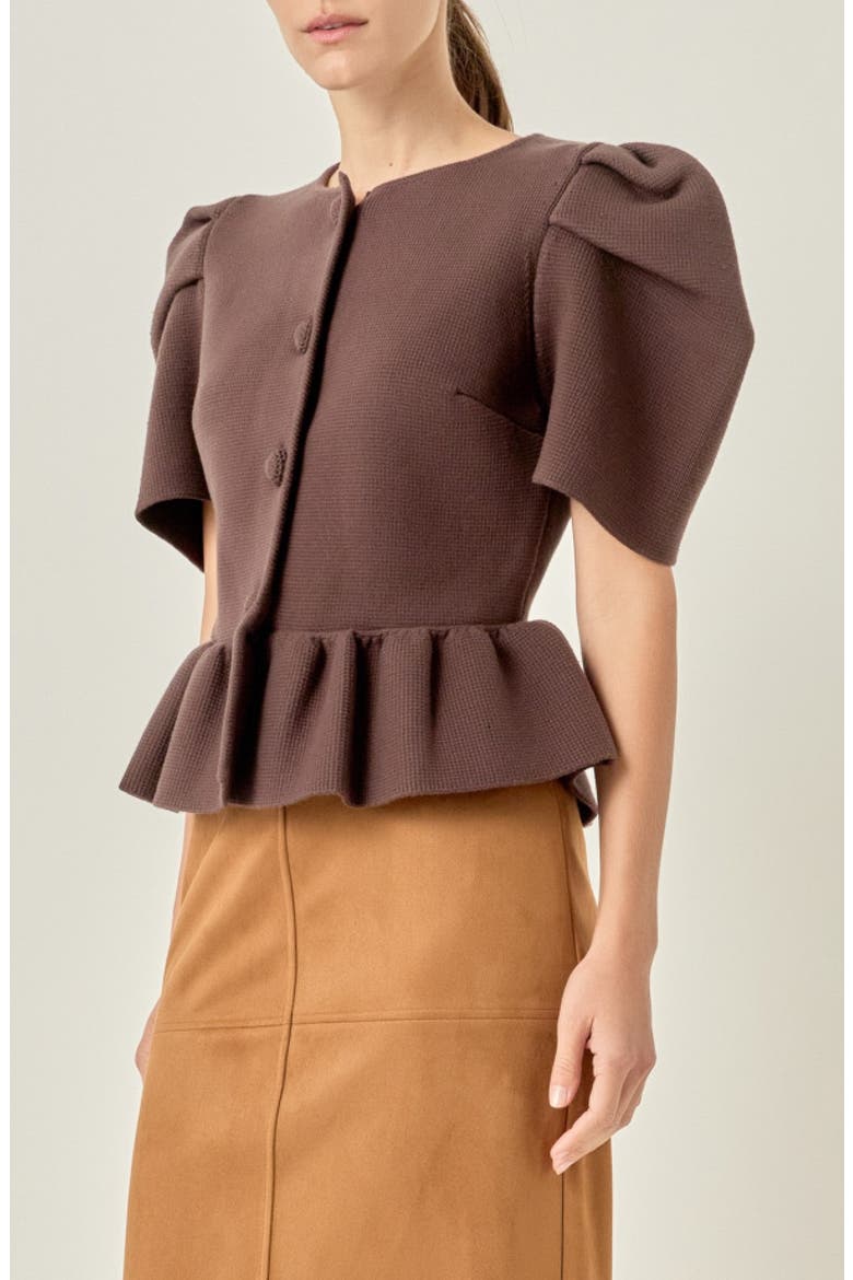 Puff Sleeve Peplum Top, Alternate, color, CHOCOLATE BROWN