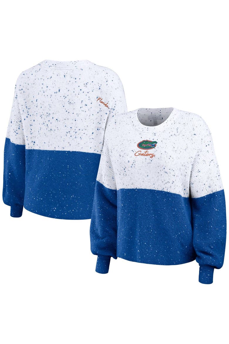 Women's WEAR by Erin Andrews White/Royal Florida Gators Colorblock Script Pullover Sweater, Main, color, White