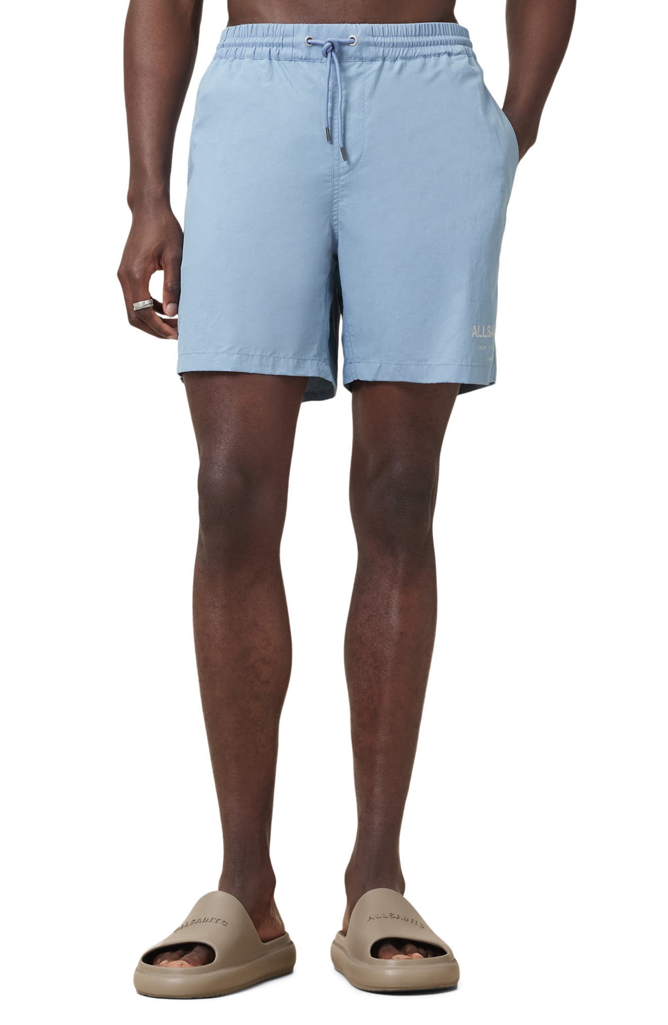 AllSaints Underground Logo Print Swim Trunks