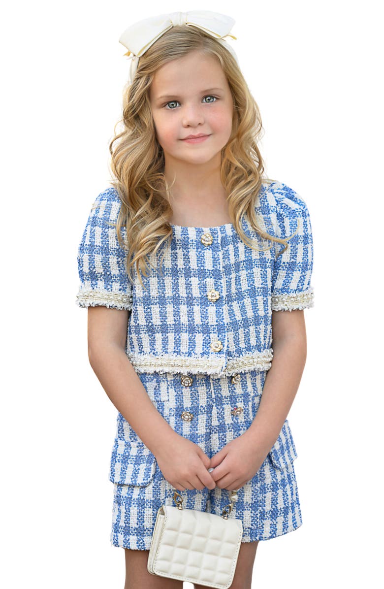 Mia Belle Girls Girls Blue Gingham Puff Sleeve Tweed Top and Short Set, Main, color,