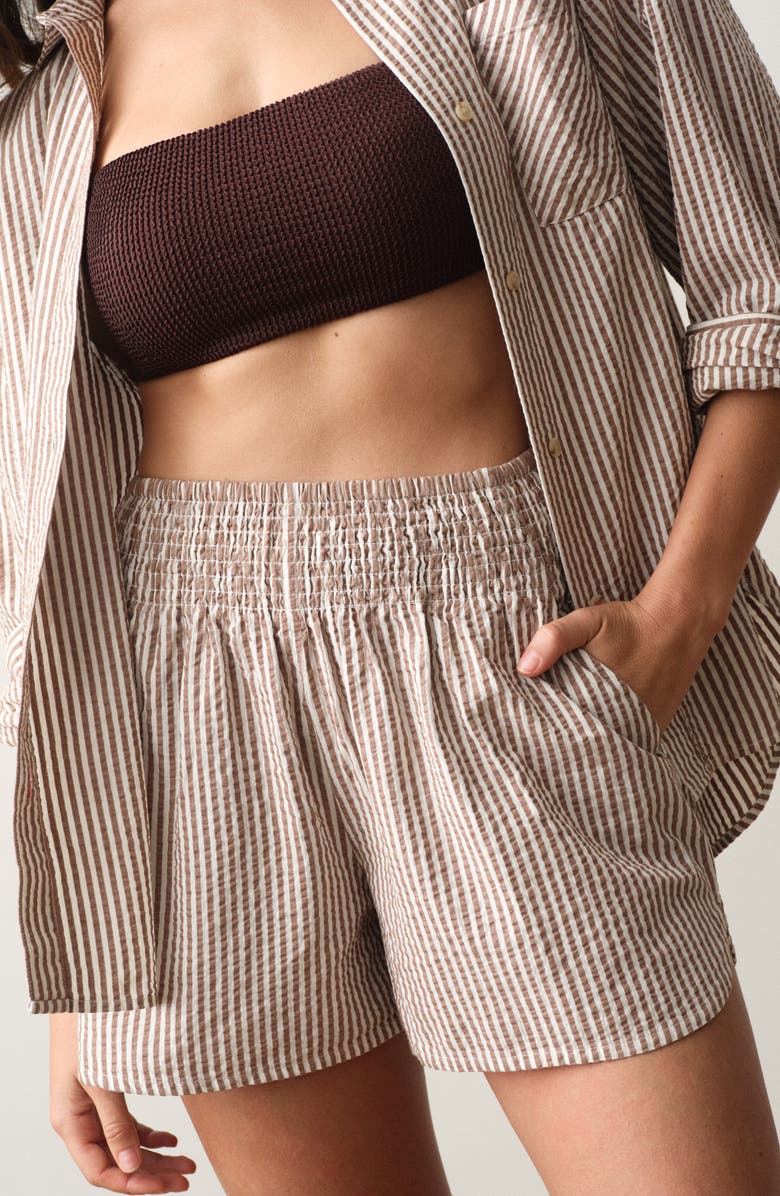Marine Layer Isla Stripe Cotton & Kapok Seersucker Shorts, Alternate, color, Mocha Stripe