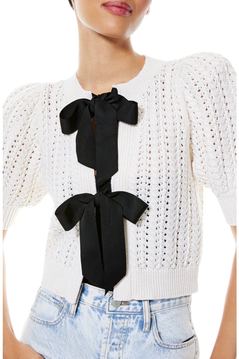 Kitty Bow Front Wool & Cotton Blend Cardigan, Alternate, color, SOFT WHITE/ BLACK