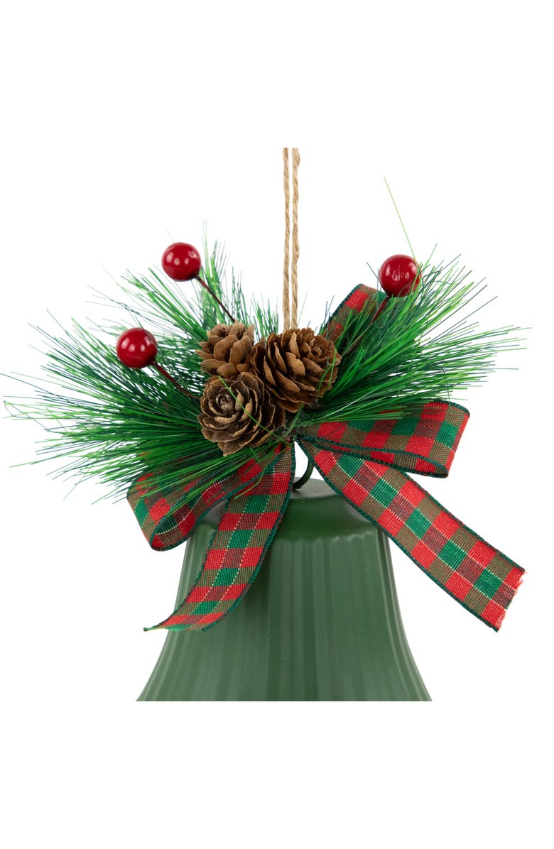 Northlight Christmas Bells with Pinecones and Plaid Bow Ornaments - 7" - Green - Set of 2, Alternate, color, Green