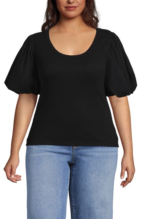 Plus Size Drapey Rib Puff Sleeve Scoop Neck Top