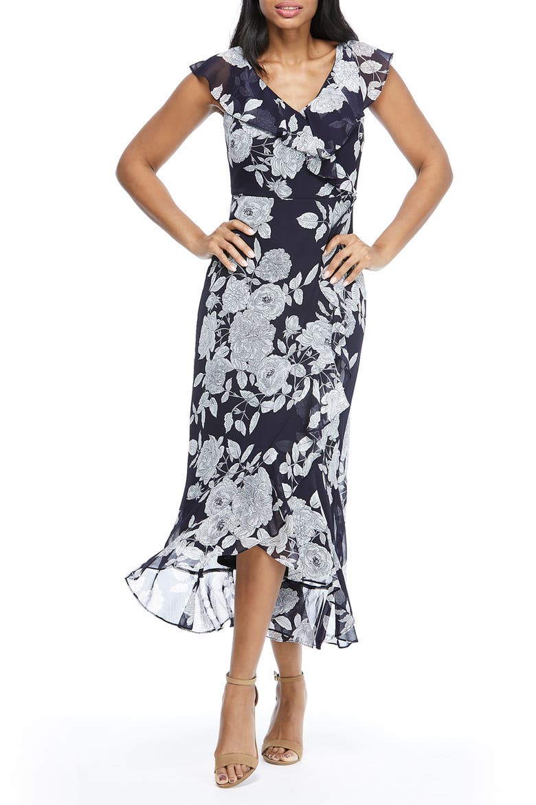 Floral Ruffle Sleeveless Faux Wrap Maxi Dress, Main, color, NAVY/ WHITE