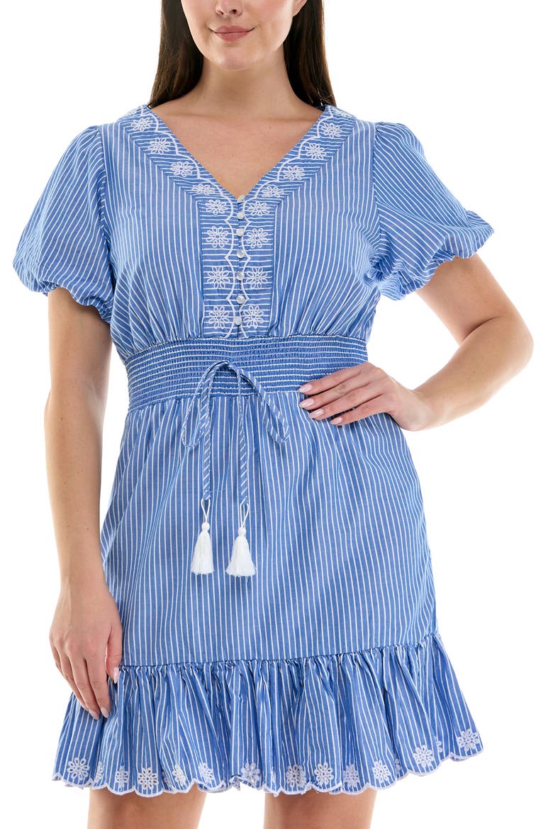 Embroidered Eyelet Puff Sleeve Cotton Dress, Alternate, color, BLUE/WHITE STRIPE