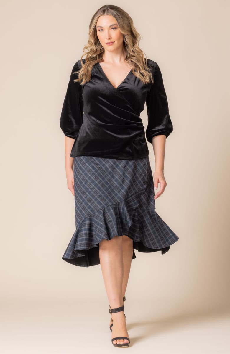 Kiyonna Odette Velvet Faux Wrap Top, Alternate, color, Onyx