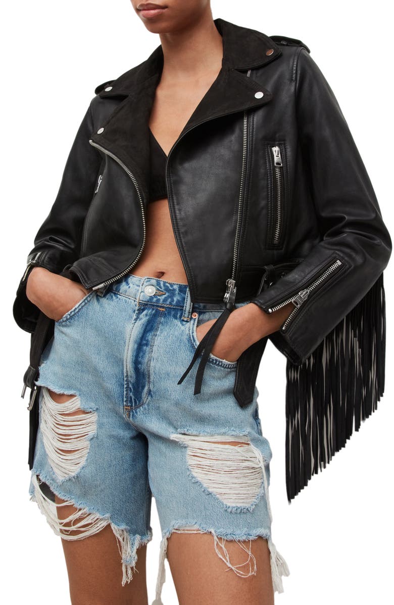 AllSaints Ayra Tassel Leather & Suede Jacket, Alternate, color, 