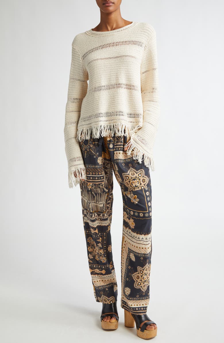 Isabel Marant Étoile Azilis Open Stitch Fringe Cotton Crewneck Sweater, Alternate, color, Ecru