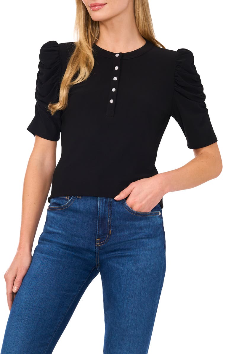 CeCe Ruched Sleeve Crepe Knit Henley, Main, color, 