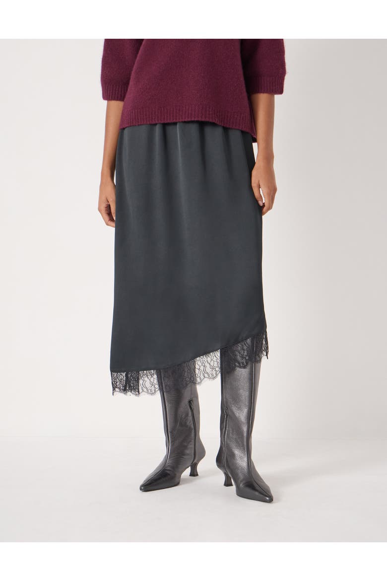 Satin Asymmetric Lace Trim Skirt, Main, color, Black