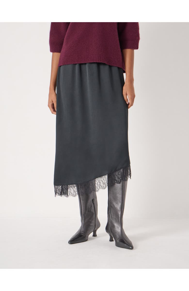 Hush Satin Asymmetric Lace Trim Skirt, Main, color, Black