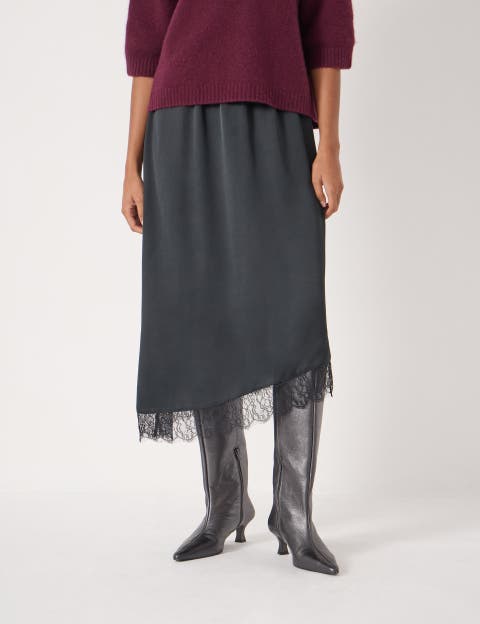 Satin Asymmetric Lace Trim Skirt
