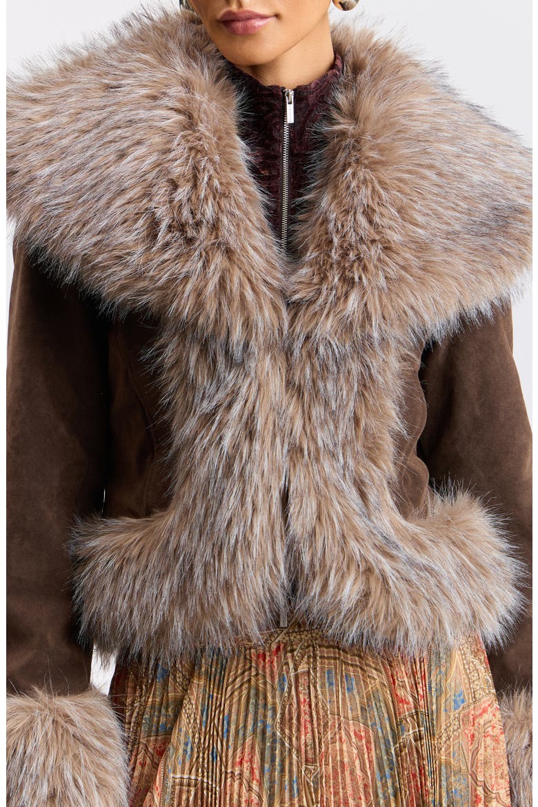 Penny Lane Faux Leather Jacket with Faux Fur Trim, Alternate, color, BROWN - FAWN