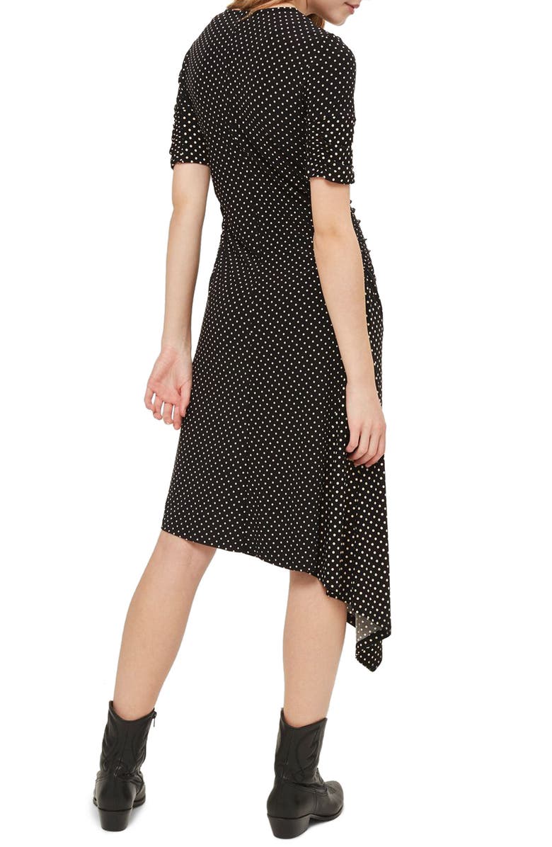 Topshop Polka Dot Asymmetrical Midi Dress, Alternate, color,